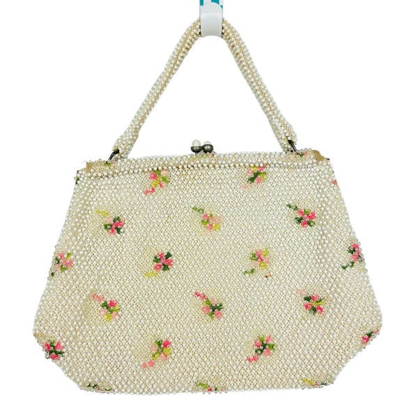 Lumured 1950s Corde Beaded Floral Embroidered Mini Bag Clutch Purse Cream Pink - Picture 4 of 15